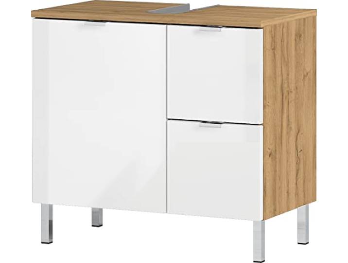 GERMANIA DIE MÖBELMACHER Meuble sous-lavabo 8529-552 GW-Mauresa\, en Chêne-Grandson repro/Blanc\, façades en Blanc Brillant\, avec Deux tiroirs\, 60 x 56 x 34 cm (l/h/p)