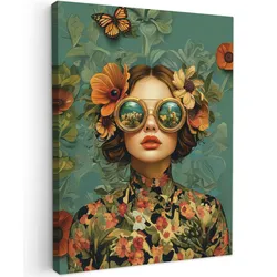 LEINWANDBILD Frau - Blumen - Schmetterlinge - Natur - Vintage Room Decor 30x40 cm