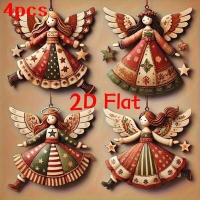 Inspired Living Handmade Vintage Wooden Angel Ornaments Set (4 8 12) Colorful Christmas Tree Angel Decorations 4pcs