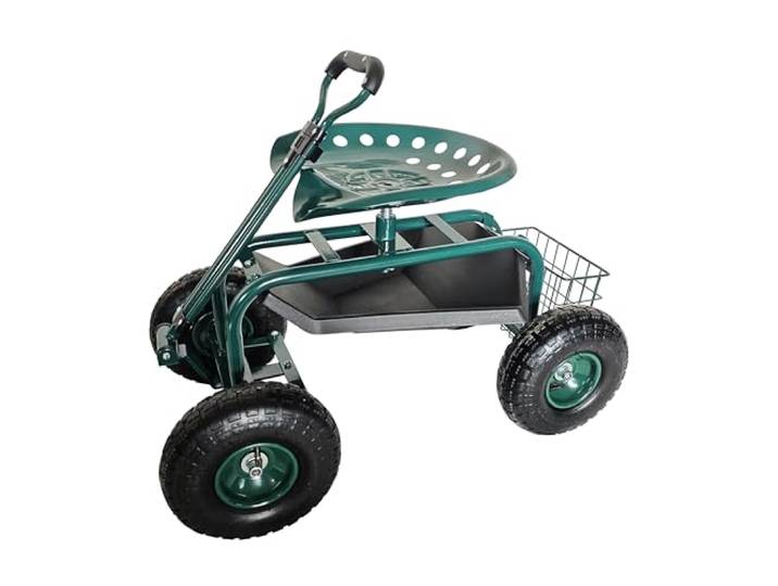 Relaxdays fahrbarer Gartensitz, höhenverstellbar, 150 kg, Stauraum, Lenkstange, Stahl, Luftreifen, Gartenwagen, grün