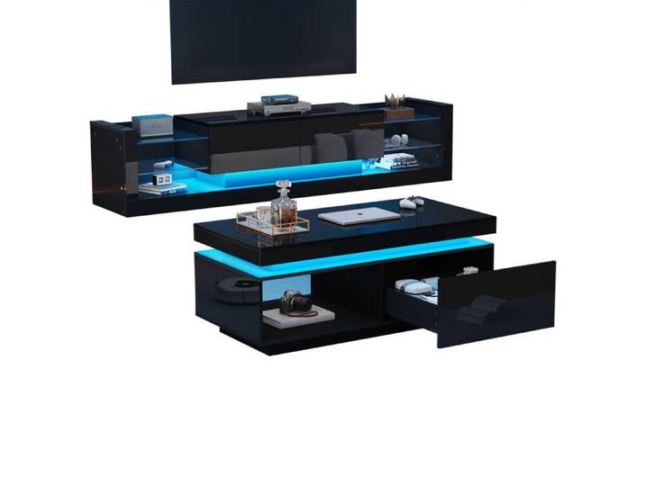 Ensemble meuble TV mural - Noir brillant - Éclairage LED intégré - Dimensions meuble TV 181x38x38 cm