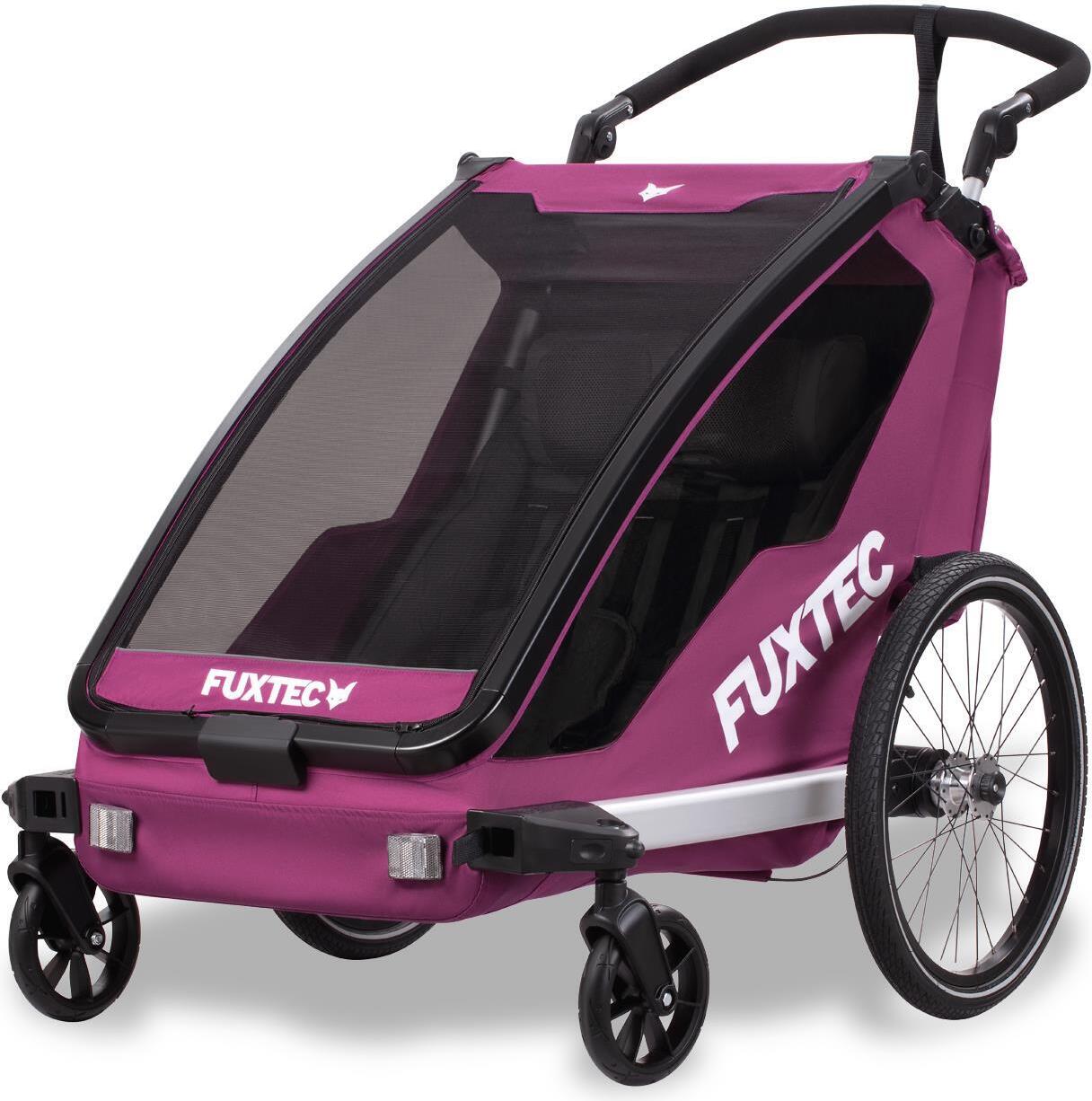 FUXTEC Fahrradanhänger Sportfux Purpur FX-FA1 - 2 Sitzplätze | Hecktasche mit Reflektoren | Schiebegriff | Regen- und Sonnenschutz | faltbar Purpur