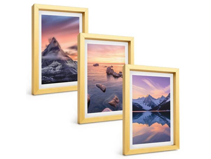 BILDER SET 3er Set - 20x30 cm Goldrahmen - Berglandschaft, See, Westen