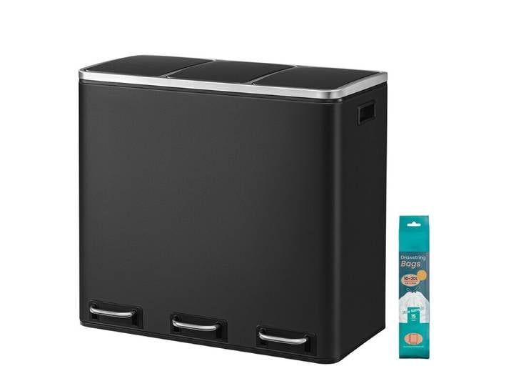 JOYFURNOS Poubelle à Triple Recyclage, 3 x 18 L Poubelles à Pédale avec Couvercles à Fermeture Douce, Acier, pour Cuisine, Noir