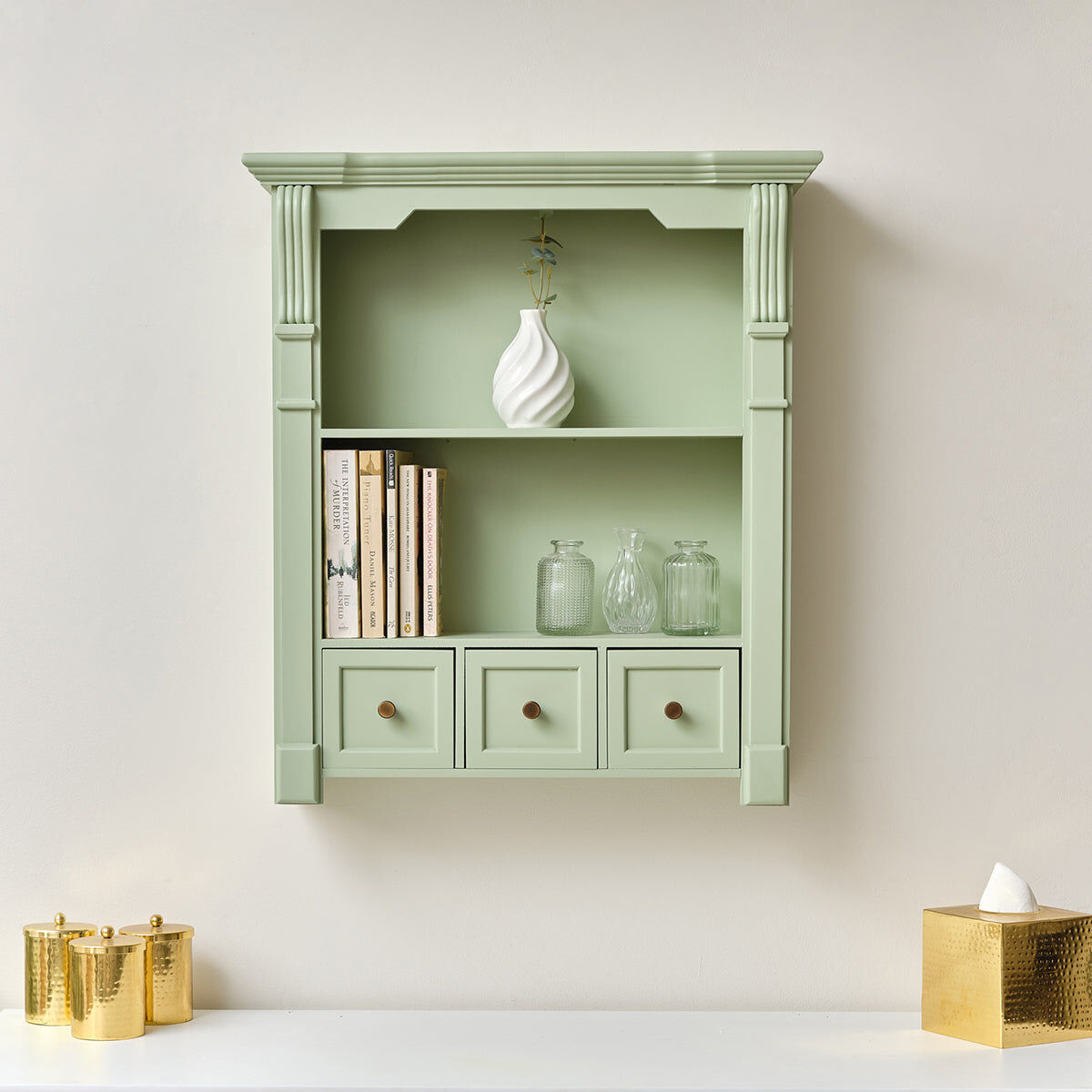 Sage Green Wooden Wall Shelf Unit with Drawers Wood