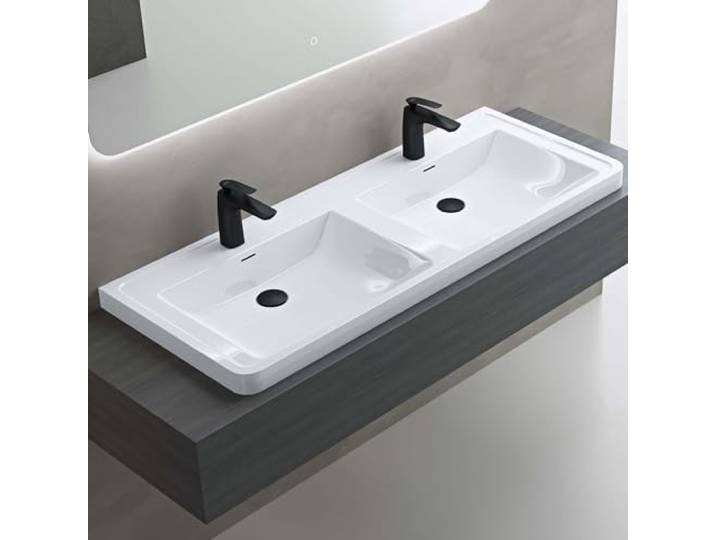 doporro Double Lavabo à Encastrer Vasque Lave Mains Blanc 120x48x14\,5cm Solid Surface\, pour Salle de Bain\, Colossum08