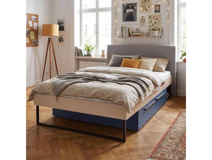 Lomadox Jugendzimmer Bett 120x200 in Beige mit gepolstertem Kopfteil, 2 Schubladen in Blau -