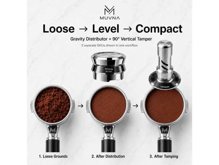 MUVNA Tamper à force constante pour expresso 51/53/58.35mm en acier inoxydable, niveleur de café à gravité réglable 25-35 livres