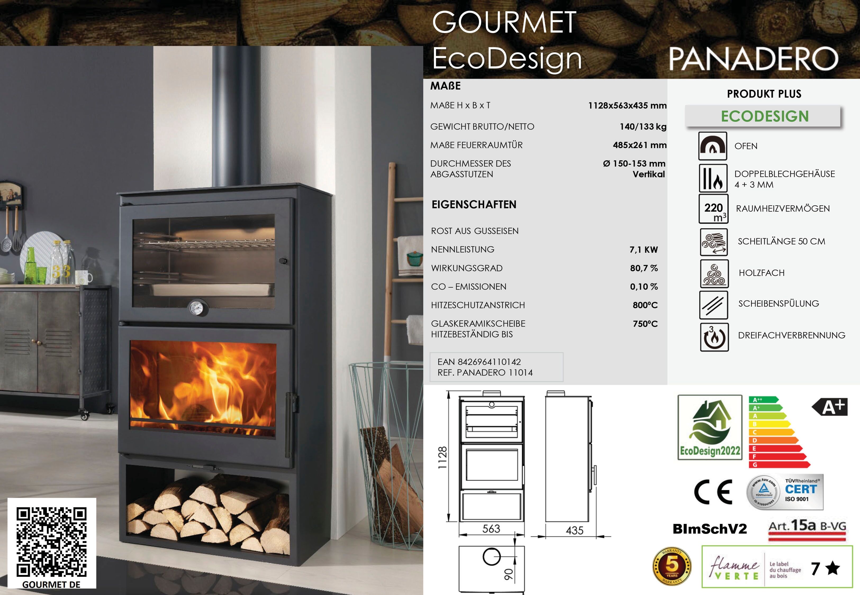Kaminofen PANADERO "Kaminofen Gourmet Ecodesign", schwarz, Kaminöfen, Scheibenspülung, Dreifachverbrennung