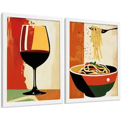POSTER 2er Set Küchen-Wandbilder Rotwein und Pasta Vintage Retro Esszimmer Wanddeko Rahmenlos A4