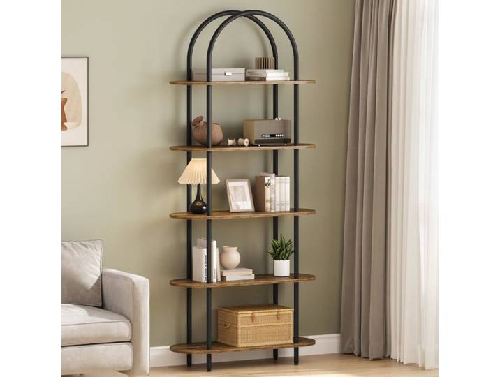 Étagère semi-circulaire - LUNSY - 5 étagères - 80x30x180 cm - Marron - Fer et MDF - Montage facile - Style moderne