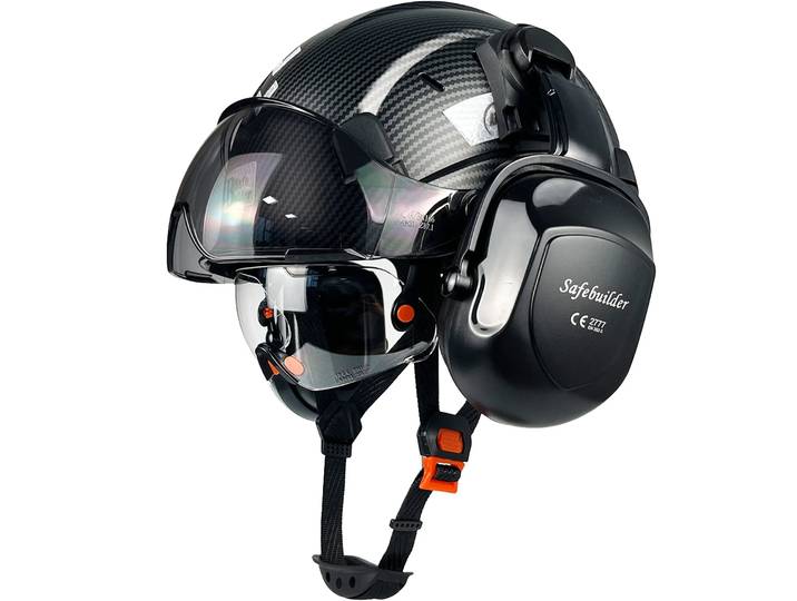Casque de sécurité à motif en Fiber de carbone CE, avec visière intégrée, cache-oreilles et autocollants réfléchissants pour ingénieur, casque rigide de Construction ABS