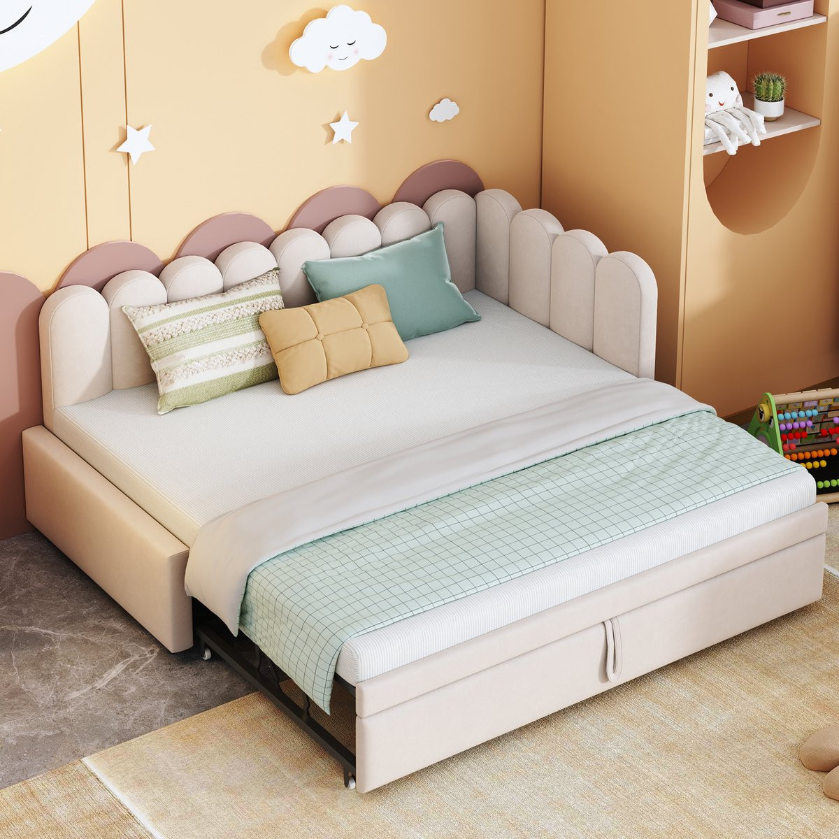 MODFU Slaapbank Beige Fluweel L-Vormig Uitschuibaar 90x200 cm
