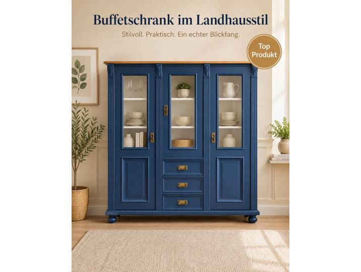 Wohnpalast Buffet Premium Jugendstil Vitrine aus Weichholz – Landhaus-Stil, Azurblau lac