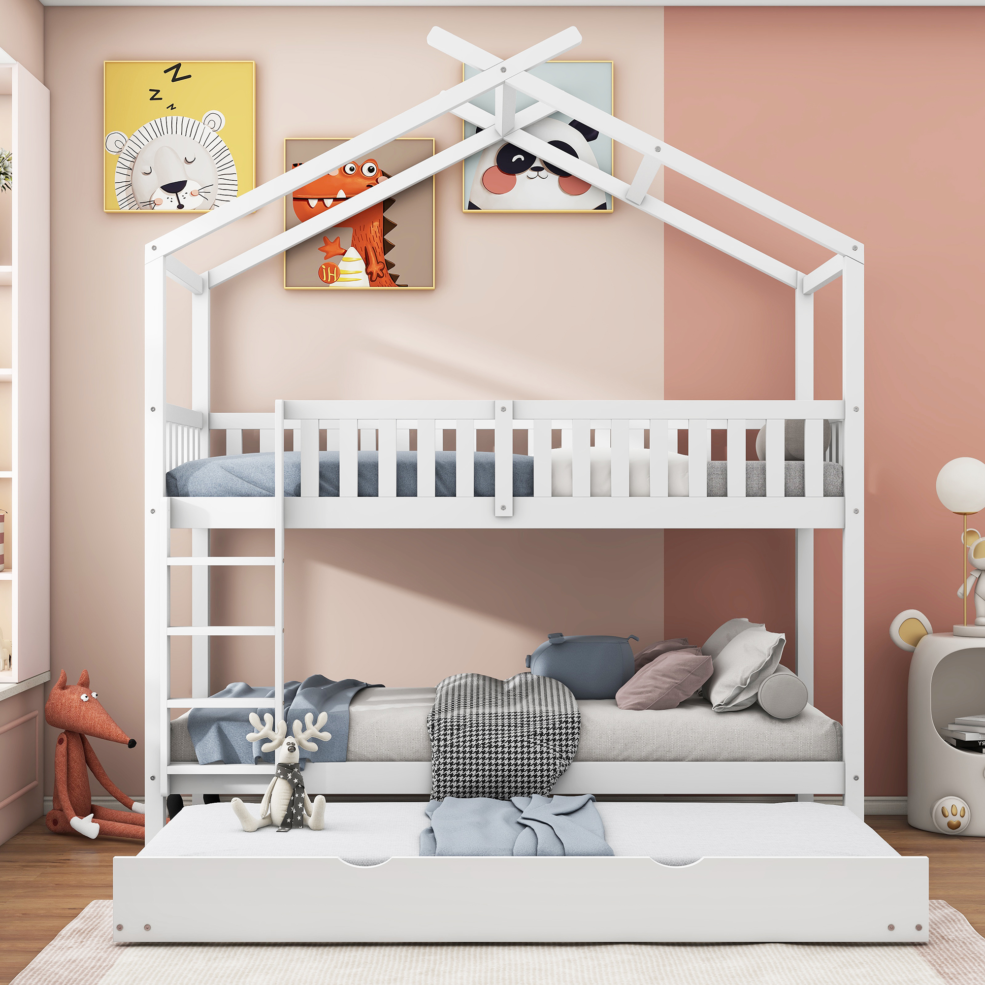 okwish Kinderbett 90x200 cm, Heimbett, Jugendbett, drei Betten ausziehbar, platzsparendes Design, ein Muss für Familien mit vielen Kindern, weiß