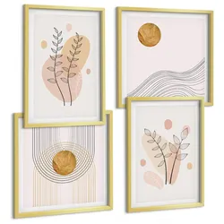 BILDER SET 4er Set - 50x50 cm & 40x60 cm Goldrahmen - Minimalistische Pflanzenzeichnungen