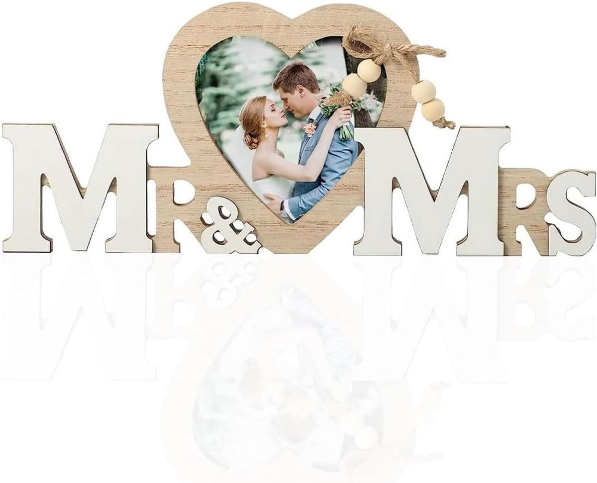 Houten Fotolijst Hartvormig Mr & Mrs Tafeldecoratie voor Bruiloft of Jubileum