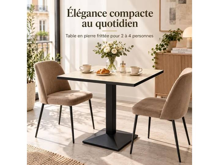 Table bistrot - UNHO - Table Bistro - Plateau pierre sinterisée effet travertin - Piètement métal noir - 76×60×78 cm
