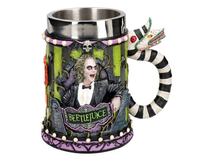 Figuren Shop GmbH Bierkrug Beetlejuice Krug – Horror Tasse Gothic Dekoration 600 ml Bierkrug, Kunststein (Polyresin), Edelstahl