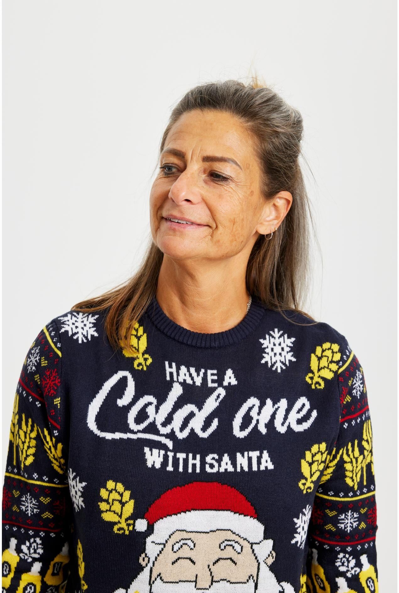 Weihnachtspullover "Christmas Sweats Have a Cold One With Santa", blau (dunkelblau), Pullover, Damen, Obermaterial: 100% Polyacryl, Weihnachtspullover dunkelblau Einheitsgröße