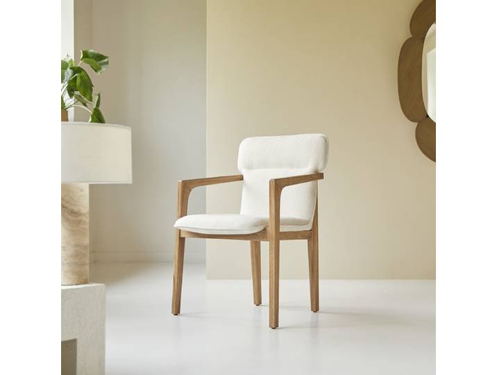 Sessel Viktor aus massivem Akazienholz und ecrufarbenem Stoff - Beige