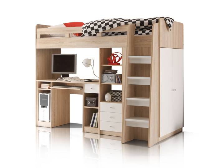 UNITY 3in1 Hochbett 90x200 cm, Material Dekorspanplatte, Eiche