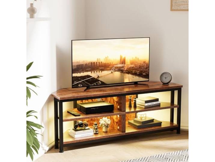Dripex TV Eckschrank mit LED Beleuchtung Eckkommode TV Lowboard Fernsehtisch, Industriedesign, Vintage Braun (120x36x45.5 cm)
