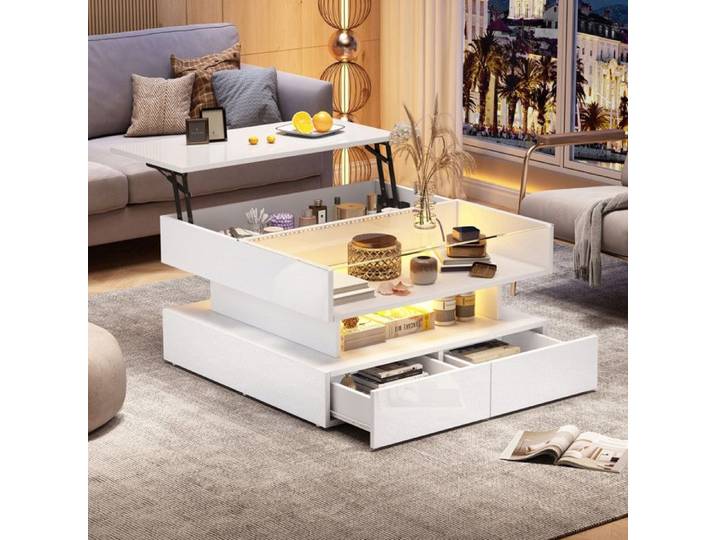 Table basse de salon avec plateau relevable 2 tiroirs Table basse carré Table d'appoint LED Table basse en verre trempé Blanc