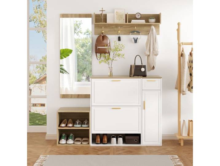 Ensemble Meubles d'Entrée – 4 pièces – Armoire à chaussures Banc Porte-manteau mural et Miroir pour hall et entrée – MERAX