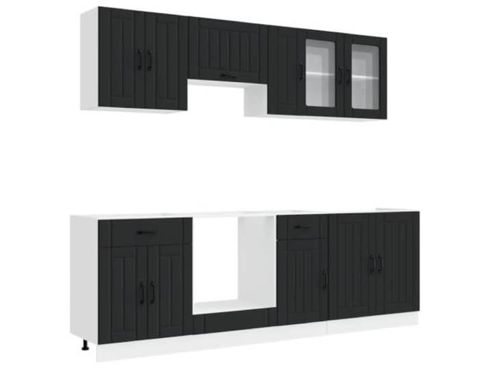Makastle 8-TLG. Küchenschrank-Set, Schwarz, Holzwerkstoff und Glas, Unter- und Hängeschränke mit Glastüren