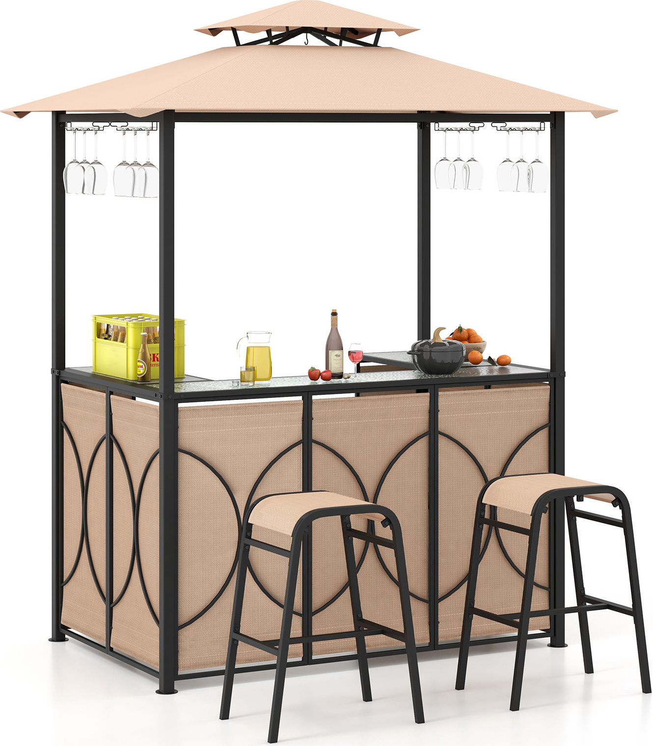 COSTWAY Gartenbar Set, Bartisch mit 2 Barhocker, Metallregalen & Glashalter, Grillpavillon mit Doppeldach, Gartentheke Braun