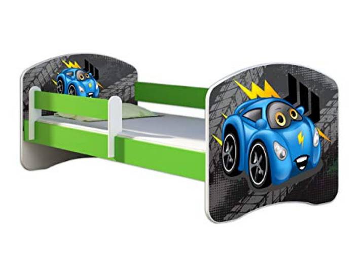 ACMA Kinderbett 140x70 Jugendbett mit Matratze, Farbe Grün, Rausfallschutz Lattenrost II Spielbett Kinderzimmer Möbel, 04 Blaue Auto