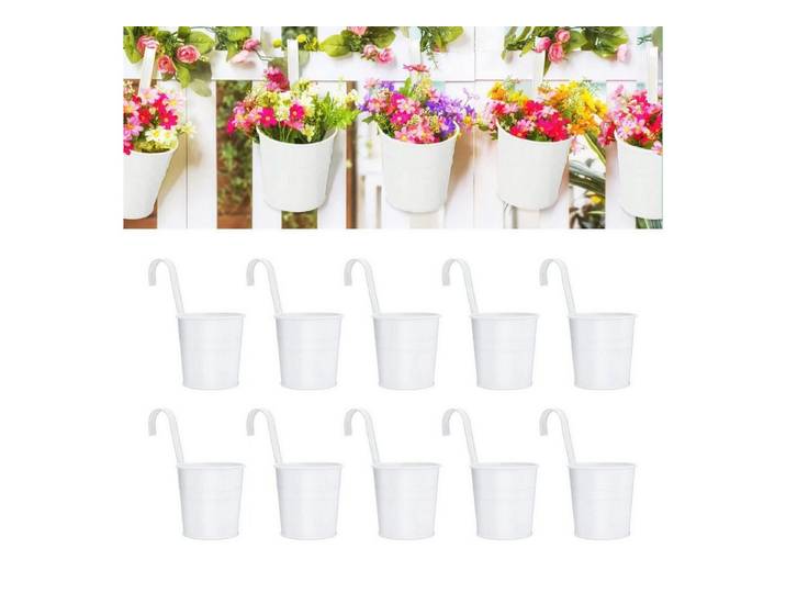 LuxusKollektion Blumentopf Blumentopf Hängetopf 10er Metall abnehmbar Haken Balkon Weiß 16CM