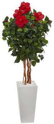 Nearly Natural 5' Hibiscus Artificial Tree in White Tower Planter