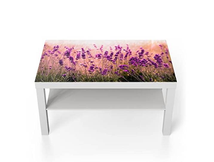 DEQORI Glastisch weiß groß 90x50 cm Motiv Lavendelblüten im Regen ausgefallener Beistelltisch aus Glas Hochglanz Couchtisch fürs Wohnzimmer moderner Couch Tisch mit Design