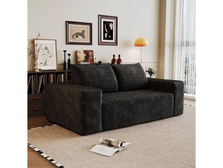 ELVORIN Canapé compressé 3 places 180 cm en tissu corduroy noir sans montage