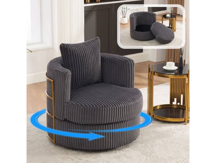 Fauteuil de salon - Fauteuil de loisirs pivotant à 360° en velours côtelé avec rangement pour salon Gris