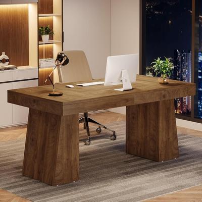 Bluebell 55-Inch Home Office Desk, Thick Wood Computer Executive Desk with Double Pedestal, Modern Minimalist Style