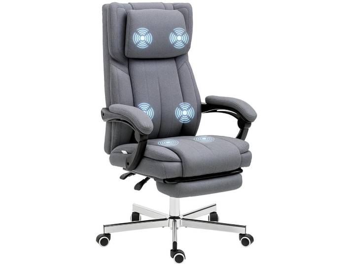 Drehstuhl Massagefunktion neigbare Lehne ausziehbare Fußstütze Leinenoptik grau 65x61x118cm, Grau, 61x118x65 cm, Büromöbel, Bürostühle, Drehstühle