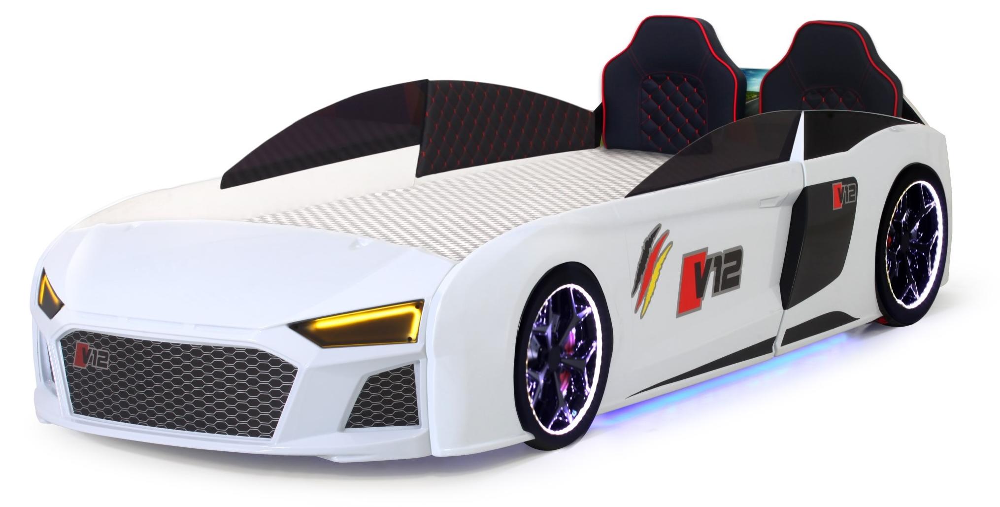 Kinder Autobett V12 Full mit Sound & LED Scheinwerfer in Weiß