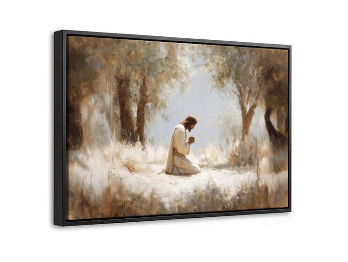 LEINWAND Bilder mit Rahmen - Jesus - Kniend - Waldlandschaft - Betend - 30x20