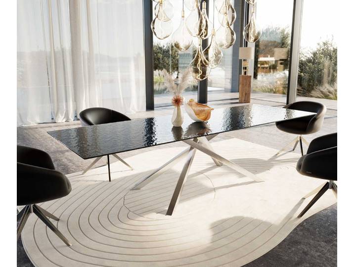 DELIFE Esstisch Edge 300x100 Reliefglas Rauchschwarz 3D-Design Kreuzgestell Rechteck Edelstahl, Esstische