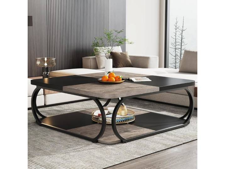 Table basse - TRIBESIGNS - 100 x 100 x 50 cm - Carrée - Métal aspect bois - 2 niveaux