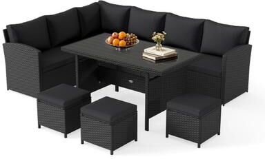 Costway 7 Pieces Outdoor Wicker Sectional Sofa Set with Dining Table-Black and Black