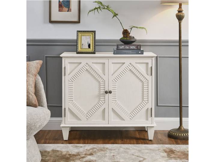 Buffet bas vintage AESVAR 2 portes 1 étagère réglable bois et MDF blanc antique