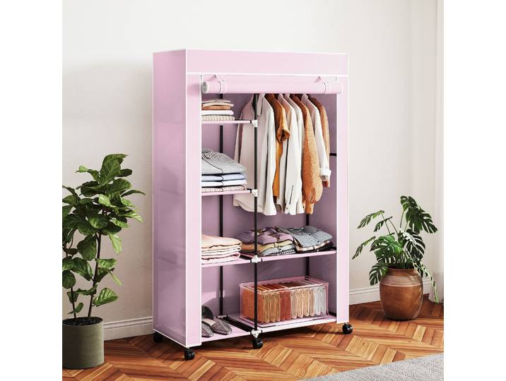 HOMCOM Armoire Tissu Portable 6 Étagères Tringle Rose 103x43x162cm