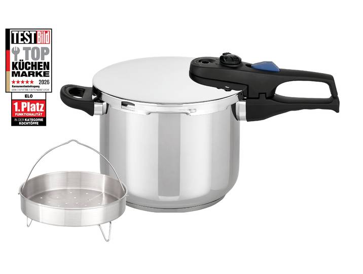Schnellkochtopf ELO Praktika Plus 6l mit Dünsteinsatz , silber (edelstahl), Ø:22cm, Töpfe, Schnellkochtopf, zylindrische Form mit Spezialabgießrand