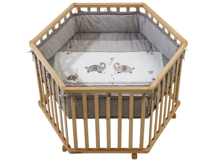Roba Laufgitter 6-eckig Jumbo twins grau, Naturfarben, Holzwerkstoff, Tiere, Sechseckig, 118.5x72.5x103.5 cm, Baby- und Kindermöbel, Babyzimmer, Laufgitter