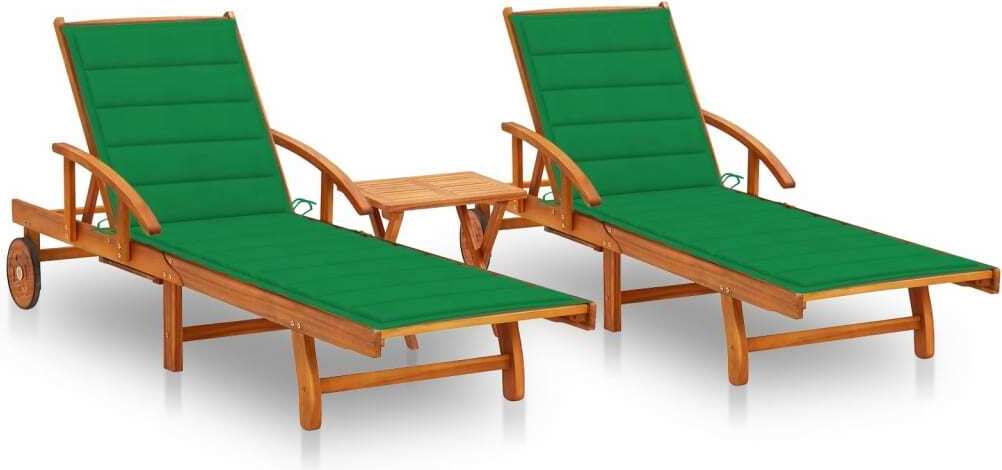 Sonnenliegen 2 Stk. mit Tisch und Auflagen Massivholz Akazie