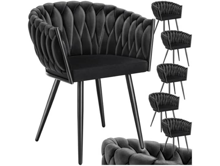 tectake® Samt Stuhl, Schalenstuhl mit Armlehne in Knoten Optik, Esszimmerstühle, Sessel modern für Wohnzimmer, Esszimmer, als Küchenstühle, für Schminktisch, Dining Chair Set - schwarz, 6er Set